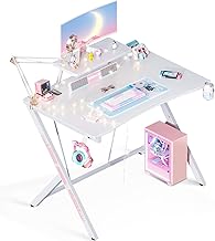 MOTPK White Gaming Desk 39inch, Small White Desk with Monitor Shelf, Computer Desk Gaming Table Desk with Cup Holder and Headphone Hook, Vanity Desk, Gift for Girls Women