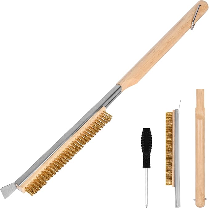 Aolso Pizza Oven Brush, 21" Brush and Stainless Steel Scraper for Pizza Stone, BBQ Grill Cleaning Brush Non Scratch Heat Proof Brass Bristles with Screwdriver, Outdoor Pizza Oven Accessories