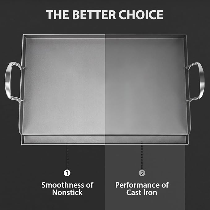 Utheer Cast Iron Griddle for Gas Grill, 25" x16" Flat Top for Outdoor Grill Rectangular Plate with Removable Handles for Charcoal Camping, Tailgating, and Parties