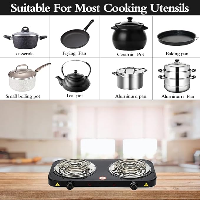 Compact and Portable Countertop Burner- Countertop Double Coiled Burner 2000 Watts Electric Hot Plate Temperature Controls Black