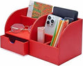 UnionBasic Desk Organizer - Multifunctional Leather Desktop Pen Holder Storage Box - Business Card/Pen/Pencil/Mobile Phone/Stationery Holder, Red