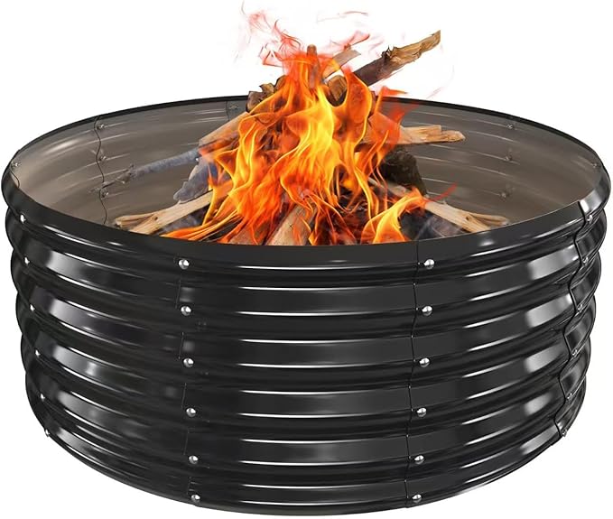 YSEJOMP 40 Inch Round Galvanized Fire Pit Ring/Fire Ring - Foldable and Perfect for Outdoor Gatherings and Campfires in The Yard/Garden/Park/Beach (Black+Gray, 3.3 FT Diameter+1.5 FT Tall)