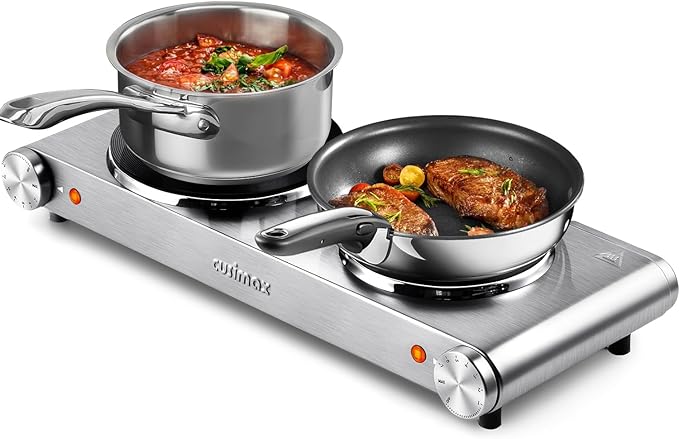 CUSIMAX Electric Hot Plate, 1800W Double Burner, Cast Iron Countertop Cooktop, Hot Plates for Cooking, Portable Countertop Stove, Compatible with all Cookwares, Upgraded Version
