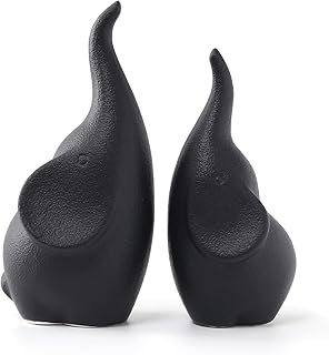 Ceramic Elephant Figurines with Trunk Up, Pair Couples Loving Elephant Statue, Small Figurines Sculpture African Home Decor, Valentine Elephants Gifts for Women, Wedding Knick Knacks（Black）