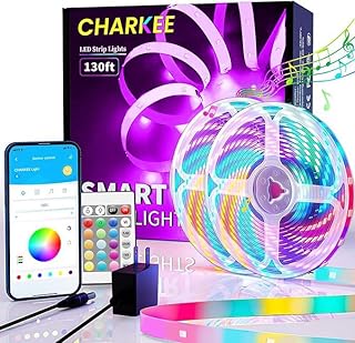 CHARKEE 130ft LED Strips Lights (65.6ft*2) Full Color Sync Music, Dimmable and Color Changing RGB LED Strip Lights, 24 Volt Bluetooth Flexible LED Lights for Bedroom,Family,DIY(Smart App+Remote)