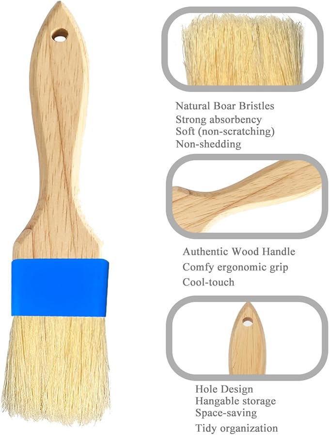 Pastry Basting Brush - Food Grade, Non-Shedding Natural Bristle, Heat Resistant Wooden Handle, Durable Kitchen Tool for Baking, Cooking, Butter, Egg Wash, Glazing, Oil, Sauce (Set of 2, 1.5", Blue)