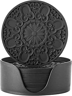 Colinda Silicone Coasters - Set of 6 with Holder, Non-Slip Cup Mats for Hot and Cold Drinks, Decorative Designs, Gift Ready Packaging,Black