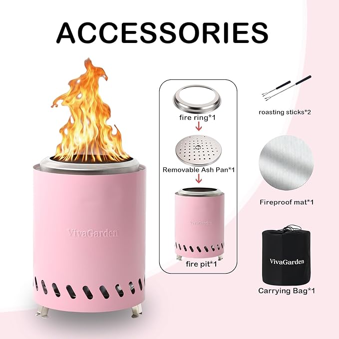 Tabletop Fire Pit 9.7 x 7.1 inch By Viva Garden, Low Smoke Camping Stove for Outdoor & Patio, Fueled by Pellets or Wood (Pink, 9.7 x 7.1 inch)