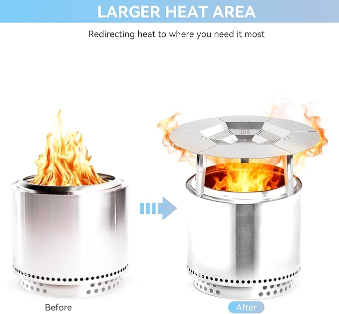 Fire Pit Heat Deflector for Solo Stove Bonfire 19.5", 304 Stainless Steel Portable Heat Diffuser Firepit Captures and Redirects Warmth with Handle & Leg, Detachable Burner Cover Accessories
