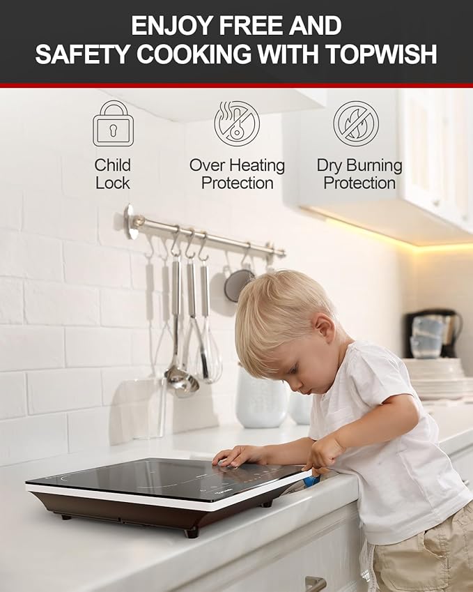TOPWISH Portable Induction Cooktop, Hot Plate Countertop Burner with 10 Temp Levels, Timer, Auto-Shut-Off, Touch Panel, LED Display, Auto Pot Detection, Child Safety Lock