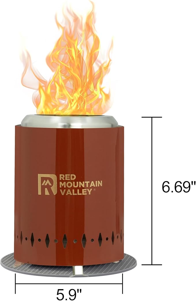 Red Mountain Valley Smokeless Tabletop Fire Pit with Mat, Portable Mini Low Smoke Camping Stove, with Travel Bag and Fireproof Mat, Stainless Steel Red, for Outdoor Enthusiasts