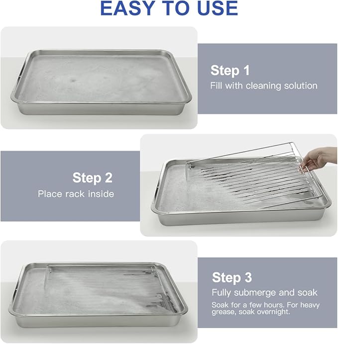 LANMU Stainless Steel Oven Rack Cleaning Tray, Large Capacity Soaking Tray for Grill Grates, Roasting Pans, Cooling Racks, Air Fryer Parts and More, Reusable & Leak-proof Oven Shelf Cleaning Tool