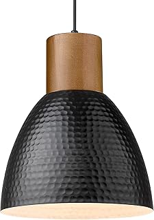 ELYONA Hammered Pendant Light, 10.2” Industrial Hanging Lamp with Solid Wood & Metal Shade, Modern Pendant Light Fixtures for Kitchen Island, Bar, Farmhouse Dining Room, Bedroom, Living Room, Black