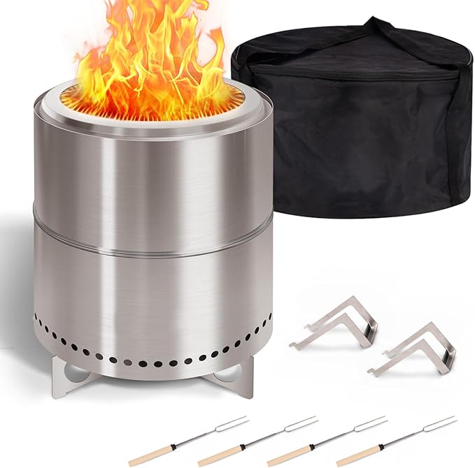 BRIOPAWS Large Smokeless-fire-pit Outdoor | 15 IN | 304 Stainless-Steel-Firepit | Portable Solo Fire Pits for Outside, Camping | Low Smoke Stove | Wood Burning Chimenea, Inclu. Bag, BBQ Forks, Handles