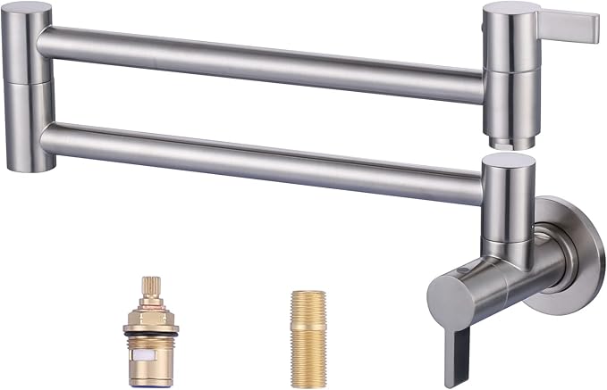 Pot Filler Faucet Brushed Nickel, ARCORA Modern Pot Filler Wall Mount 2 Handle with Double Joint Swing Arms Brass Stove Faucet