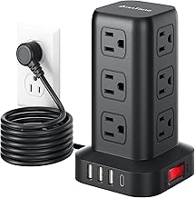 AnnTane Surge Protector Power Strip 6.5 FT Cord, Power Strip Tower with 4 USB Ports (1USB C), Extension Cord with 12 AC Multiple Outlets, Home Office Supplies Desk Accessories, Dorm Room Essentials