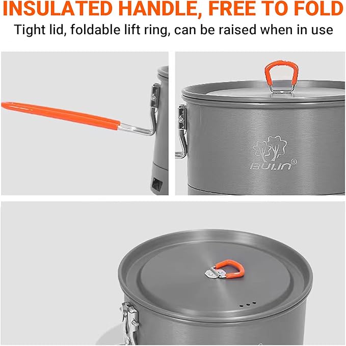 Bulin Camping Pot, 1.5L/2.1L High Efficiency Backpacking Pot Ultralight Camping Cooking Set Cookware Gear with Heat-Proof Handle & Heat Exchanger for Outdoor Picnic Hiking Travel