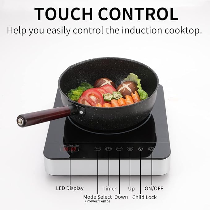 Portable Single Induction Cooktop Hot Plate Countertop Burner Cooker 1 Burner, 1800W, 9 Power Levels, 10 Temp Levels, Timer, Auto-Shut-Off, Touch Panel, LED Display, Child Lock, Black