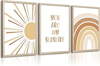 Boho Nursery Wall Art Baby Girl Wall Decor Kids Rainbow Canvas Wall Art You Are My Sunshine Pictures Toddler Sun Prints Nursery Artwork for Room Bedroom Set of 3 12x16 Inch Wood Framed