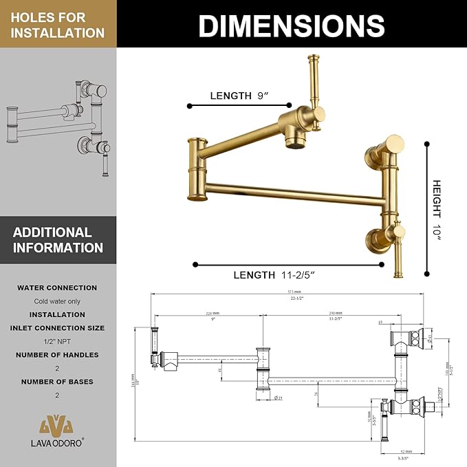 Brushed Gold Pot Filler, Lava Odoro Brass Pot Filler Faucet Two-Attachment Wall Mount Folding Kitchen Pot Filler Over Stove Pot Faucet Swing Arm, PF312-SG