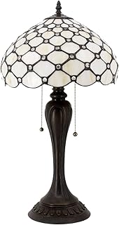 WERFACTORY Tiffany Lamp Stained Glass Table Lamp Cream Pearl Bead Style Desk Reading Light 12X12X22 Inches Decor Bedroom Living Room Home Office S005 Series