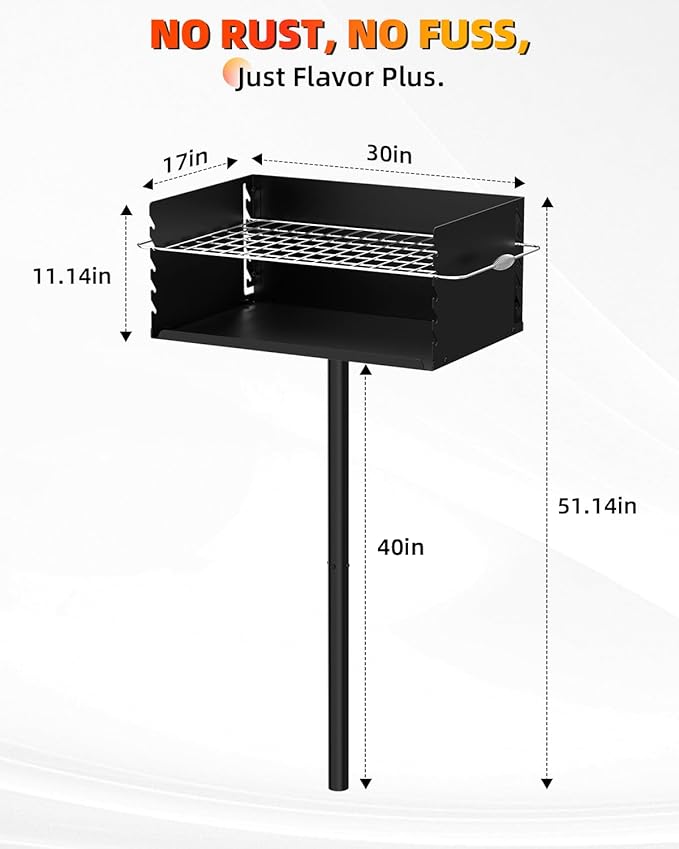Charcoal Grill, Park Style Charcoal Grill, 30" x 17" Heavy Duty BBQ Grill Charcoal, Adjustable Single Post Barbeque Grill for Camping, Outdoor Cooking, Backyard, Patio, Camp Grilling Barbecues Cookout