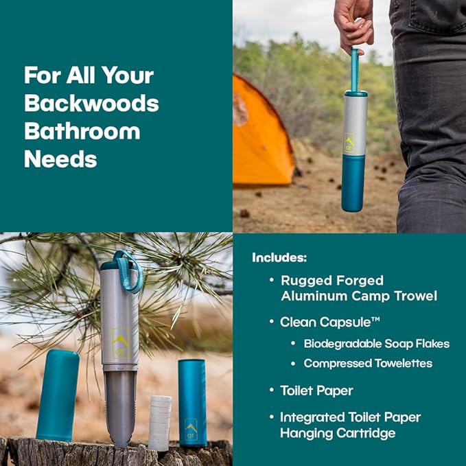 AR Adventure Ready Backpacking Trowel Toilet Kit - Includes Aluminum Camping Shovel, Toilet Paper, Packout Bags, Soap Flakes & Compressed Towelettes