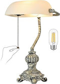 Retro White Matted Glass Bankers Desk Lamp for Home Office,Library with Pull Chain Switch Plug in Fixture, LED Bulb Included