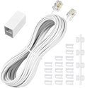 moeverEX Phone Extension Cord 25 Ft, Telephone Cable with Standard RJ11 Plug and 1 in-Line Couplers and 20 Cable Clip Holders, White