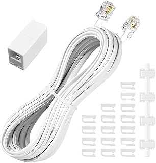 moeverEX Phone Extension Cord 25 Ft, Telephone Cable with Standard RJ11 Plug and 1 in-Line Couplers and 20 Cable Clip Holders, White