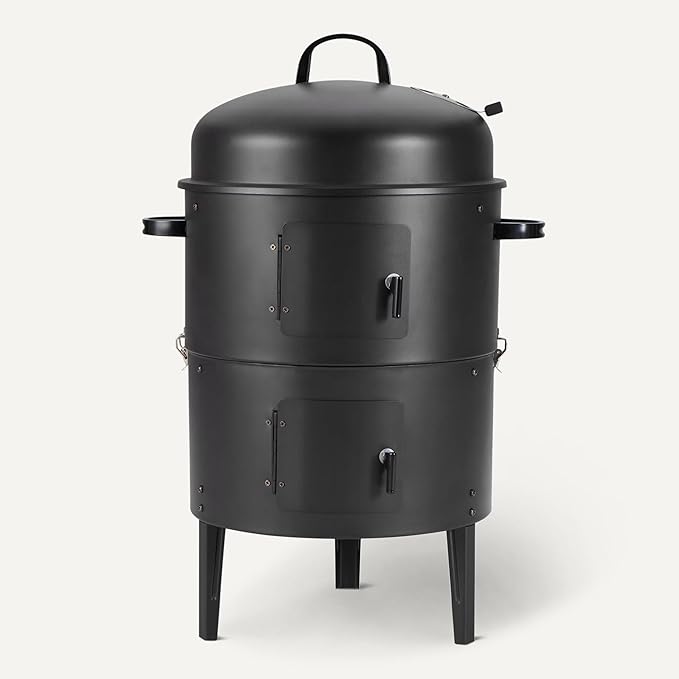 Amazon Basics 16 inch Vertical Charcoal Outdoor Smoker, BBQ Grill, with Built-in Thermometer, 2-Layer Design, Adjustable Air Supply Control, Black