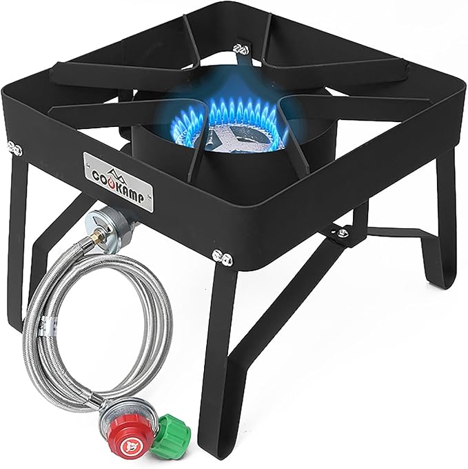 COOKAMP High Pressure Gas Cooker Outdoor Propane Burner with 0-20 PSI Adjustable Regulator and Steel Braided Hose (STEEL) SA1100