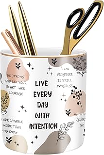 Cute Desk Pencils Pen Holder, Pencil Cup Holder for Desk, Ceramic Desktop Storage Pen Pencil Organizers Stationery Supplies for Office, Home, Words Pattern