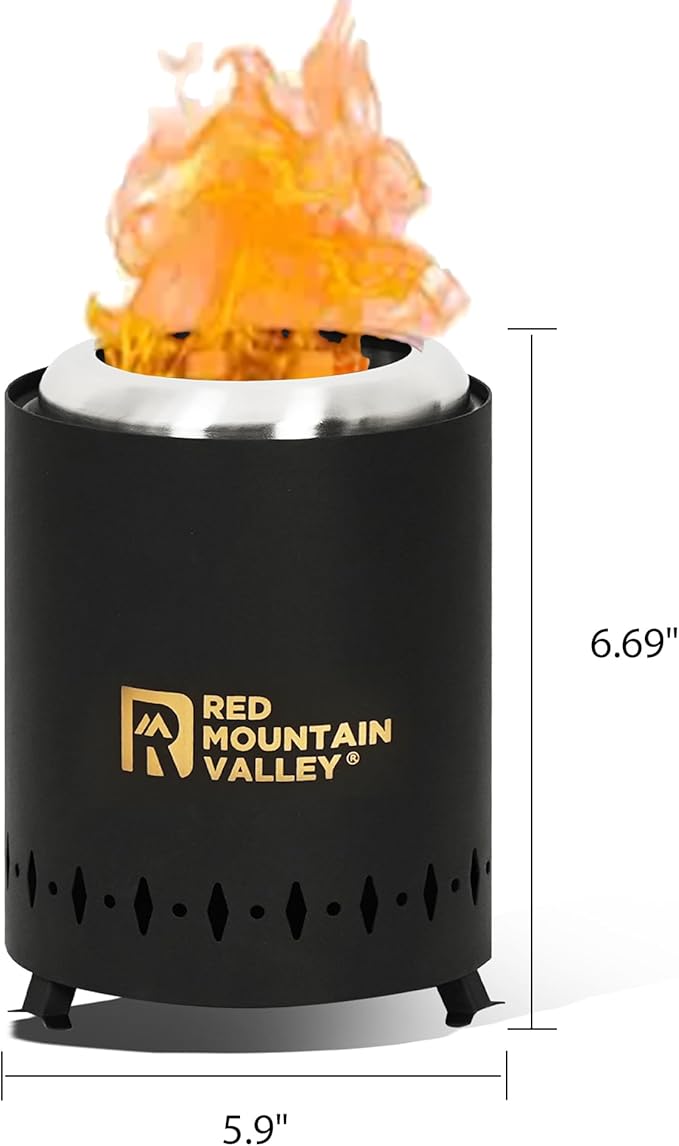 Red Mountain Valley Smokeless Tabletop Fire Pit with Mat, Portable Mini Low Smoke Camping Stove with Travel Bag and Fireproof Mat, Stainless Steel Black, for Outdoor Enthusiasts