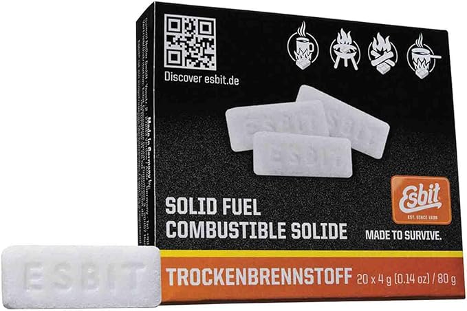 Esbit 4g Solid Fuel Tablets for Backpacking & Camping Stoves & Grills, 1300-Degree Smokeless Emergency Fire Starter Squares, 20 Pack