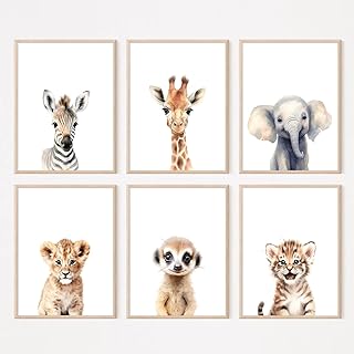 Safari Nursery Wall Art Decor Set of 6 Baby Animal Wall Art Kids Canvas Wall Art Safari Nursery Pictures Jungle Animal Prints Baby Boy Art Giraffe Painting for Room Bedroom 12x16 Inch Unframed