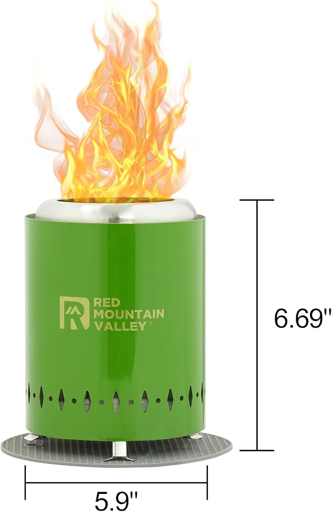 Red Mountain Valley Smokeless Tabletop Fire Pit with Mat, Portable Mini Low Smoke Camping Stove, with Travel Bag and Fireproof Mat, Stainless Steel Green, for Outdoor Enthusiasts
