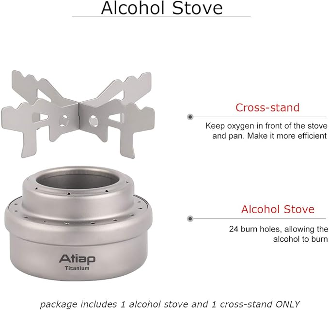 Alcohol Stove, Titanium Portable Camping Backpacking Hiking Stove with Cross Stand Carry Bag