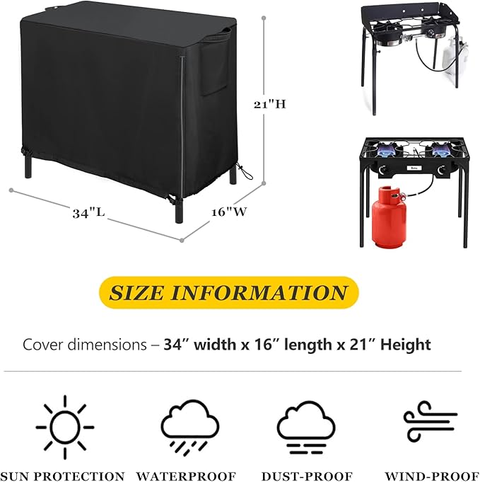 Patio Cover for 2-Burner Stoves 210D Oxford Fabric Black for Camp Chefs EX60LW EX280LW PRO60Xetc.14 and 16" Double Burner System – 34" L × 16" W × 21" H