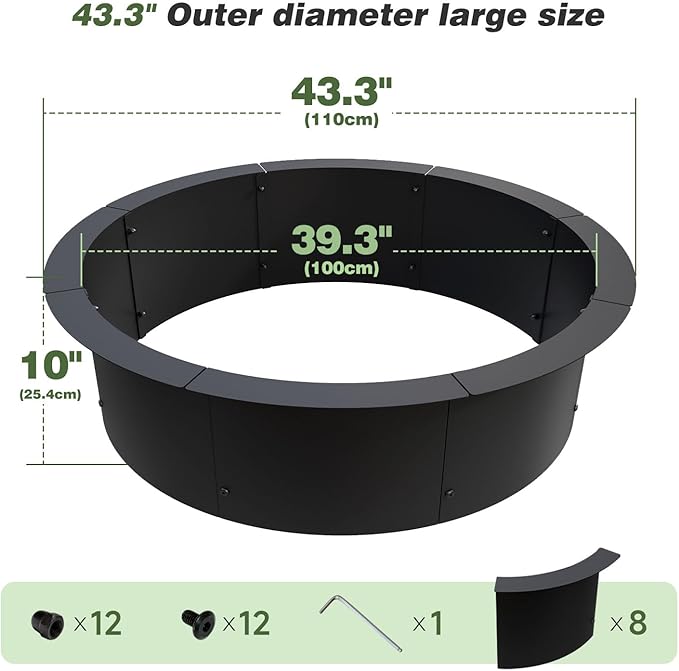 Outdoor Fire Pit Ring 43.3-Inch Outer/39.3-Inch Inner, Fire Pit Insert Round Metal Steel Fire Rings for Outside Wood Burning Fire Pits-Above Or In-Ground, Patio Backyard Camping Bonfire