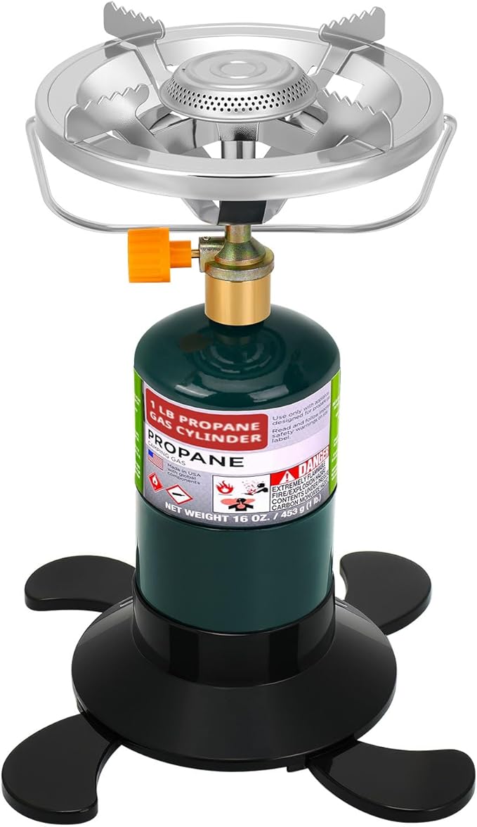 Camping Stove Propane Burner, Portable Camp Stove with Foldable Gas Tank Base, Adjustable Flame Backpacking Cooker for Camping, Small Single Burner Propane Stoves Kit for Hiking Tent Outdoor Cooking