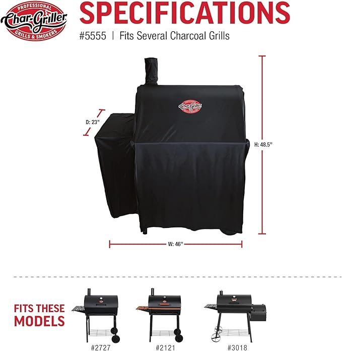 Char-Griller® Durable Polyester Grill and Smoker Cover with Waterproof Material, PVC Lining, and Extendable Design in Black, 46"L x 23"W x 48.5"H, Model 5555