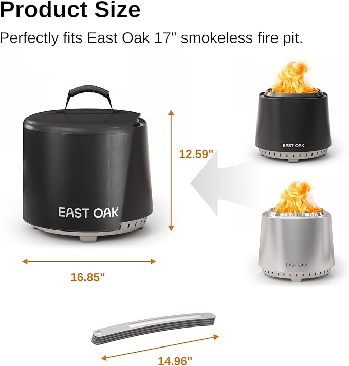 EAST OAK 17'' Fire Pit Cover for Outdoor Smokeless Firepit, 500D Heavy Duty Fabric, Waterproof, Dustproof, and All-Weather Resistant, Black, 16.85"Dia X 12.59"H