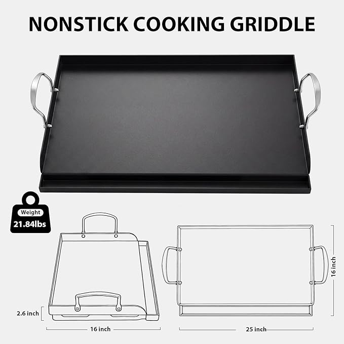 Utheer 25" x 16" Pre-Seasoned Nonstick Cast Iron Griddle for Gas & Charcoal Grills – Universal Flat Top with Grease Groove, Reinforced Ridges & High Sidewalls, Great for Parties, Camping & Tailgating
