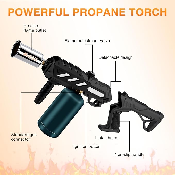 ARTFLAMM Powerful Propane Torch Gun, Kitchen Grill Torch with Detachable Design, Adjustable Flamethrower Torch Burner for Searing Steak, BBQ, Welding, Camping Charcoal Lighter(Tank Not Included)