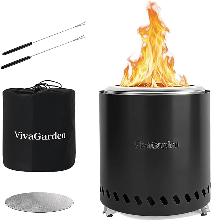 9.5 X 8.6 Inch Tabletop Fire Pit, VivaGarden Portable Firepit, Smokeless Table Top Firepit, Safe Burning Camping Stove, Fueled by Pellets or Wood, Forks, Mat & Travel Bag Included, Black