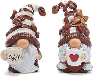 Hodao Gnome Decor Set of 2 Resin Coffee Lover Gifts with Mug, Cute Tiered Tray Figurines for Kitchen Shelf, Farmhouse Countertop, Desktop Accent, Spring Home Display