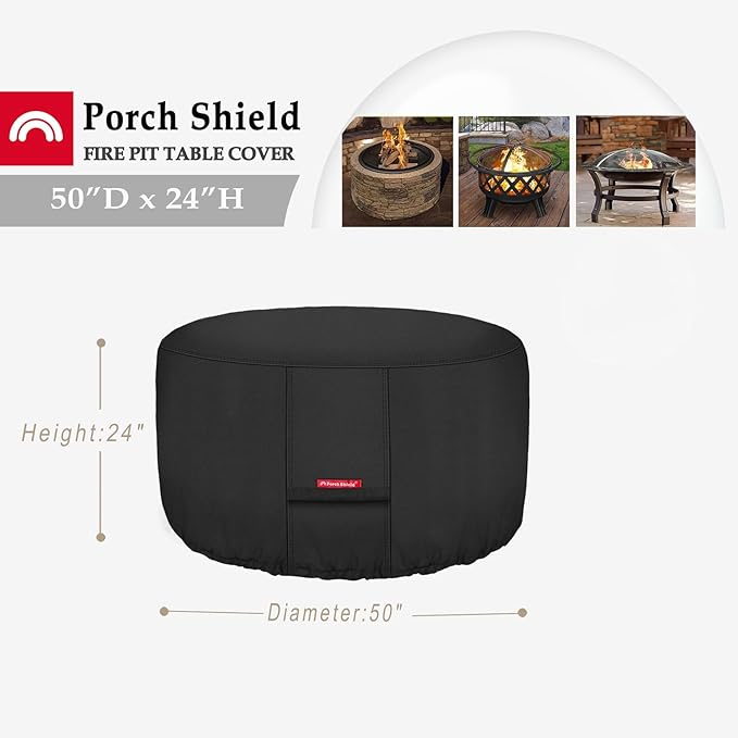 Porch Shield Fire Pit Cover - Waterproof 600D Heavy Duty Fade Resistant Round Patio Fire Bowl Cover Black - 50 inch