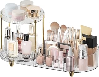 Makeup Organizer Countertop for Vanity, Rotating Perfume Tray with 5-compartment Cosmetic and Skincare Organizers, Multi-Purpose Desk Storage Makeup Brush Holder for Bathroom Bedroom Counter