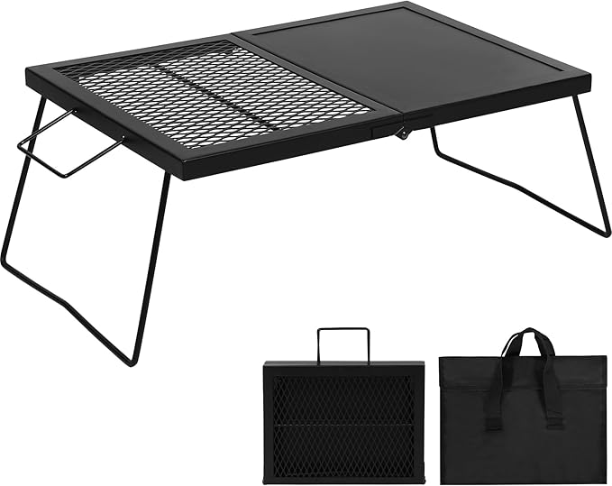 REDCAMP Folding Campfire Grill, Heavy Duty Steel Mesh Grate, 23.6" Portable Camping Grates Over Fire Pit, Campfire Cook Equipment with Legs Carrying Bag, Grilling Rack for Outdoor Open Flame Cooking